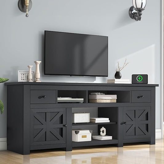 DWVO Farmhouse TV Stand for 75/80 Inches TVs, Entertainment Centers Furniture 30" Tall, TV Consoles with Storage Drawers & Power Outlet, Rustic TV Stands for Living Room, Black