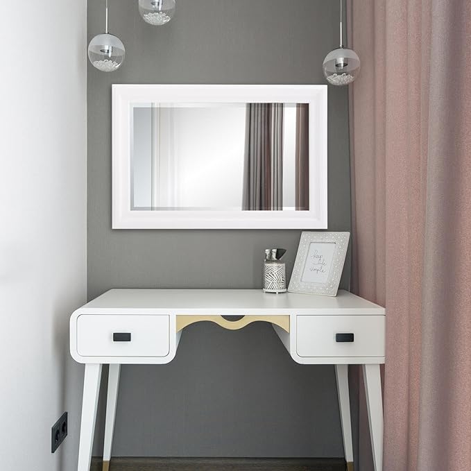 Howard Elliott George Rectangular Matte White Wall Mirror, Rectangle Hanging Wood Framed Vanity Mirrors for Home Decor, Living Room, Bathroom, Bedroom, or Hallway, 24 x 36 Inch