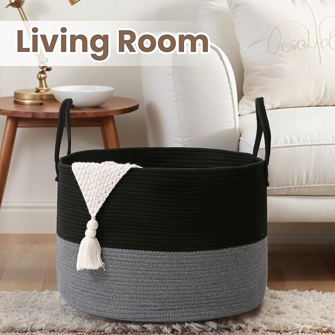 Woven Blanket Basket,115L Large Rope Storage Bin with Handles, Organizer for Blankets Toys Book and Clothes, Laundry Basket for Living Room Bedroom Nursery,Black&amp;Grey