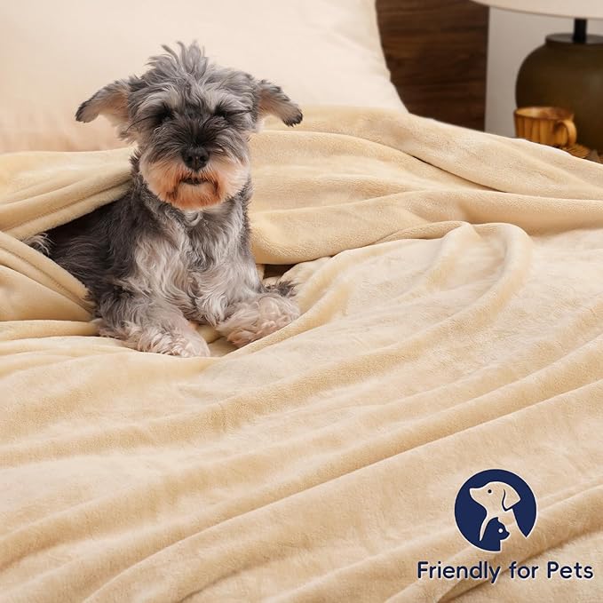 PHF Ultra Soft Fleece Blanket Queen Size, No Shed No Pilling Luxury Plush Cozy 300GSM Lightweight Blanket for Bed, Couch, Chair, Sofa Suitable for All Season, 90" x 90", Beige