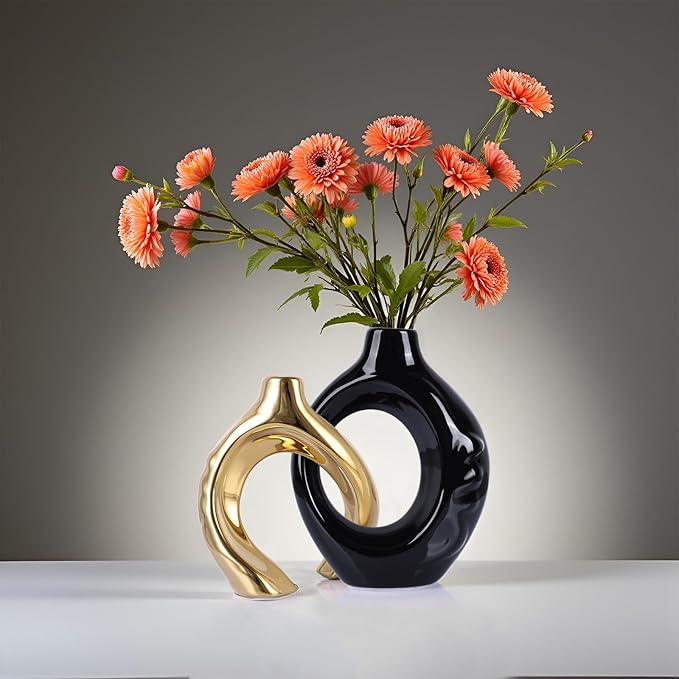 LCCCK Boho Black and Gold Ceramic Vases for Home Decor - Small Hollow Donut Vases for Living Room Table Wedding Centerpiece