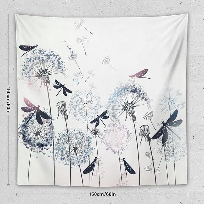 Kurtect Dandelion Tapestry,Rustic Dragonfly Teal Blue Floral Theme Pattern Print Tapestries for Living Room Party Beach Picnic Blankets Tablecloths Wall Decor, 60x60 in