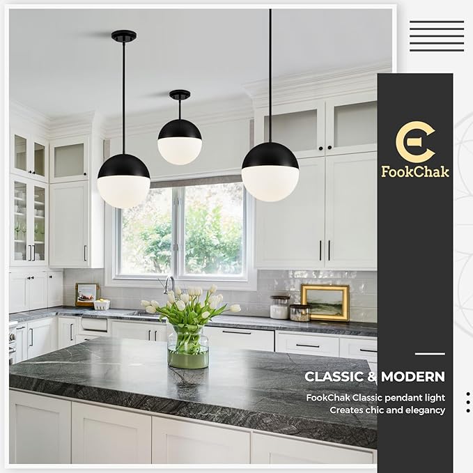 10in Globe Pendant Light Black Large Glass Kitchen Island Pendant Light Fixtures Mid Century Modern Frosted Glass Hanging Light Milky White Ball Pendant Lights for Kitchen Sink Dining Bedroom Entry