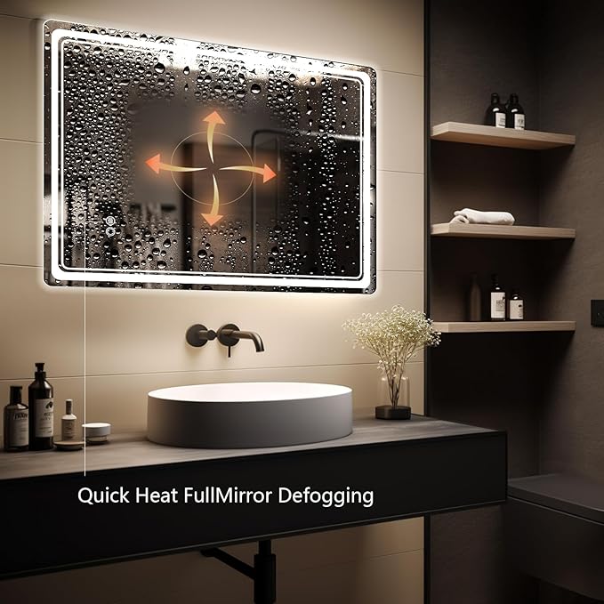 HOMECOOKIN Led Makeup Mirror, 27 x 36 inch Backlit Bathroom Mirror with Anti-Fog, 3 Colors Wall Mounted, Horizontal & Vertical