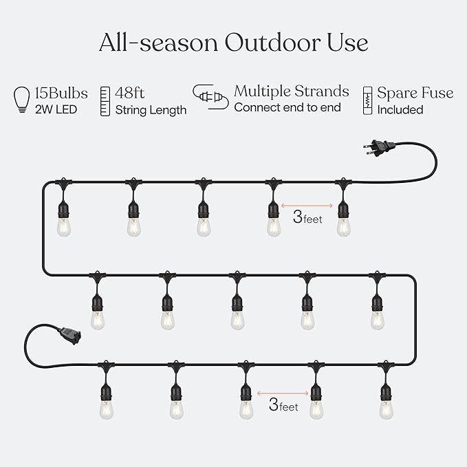 Brightech Ambience Pro - Waterproof LED Outdoor String Lights - 15 Hanging, Dimmable 2W Vintage Edison Bulbs - 48 Ft Commercial Grade Patio Lights Create Cafe Ambience in Your Backyard