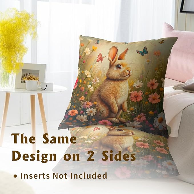 Giwawa Easter Bunny Throw Pillow Covers 18x18 Inch Flower Butterfly Decorative Pillowcase Set of 2 Couch Cushion Case for Sofa Home Living Room