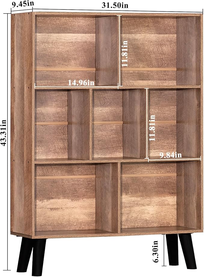 LEYAOYAO 7 Cube Bookshelf 3 Tier Modern Bookcase with Legs,Wood Book Shelves Storage Organizer Shelf,Free Standing Bookcases,Oak Display Bookshelfs