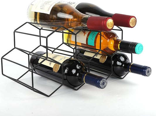Black Wine Racks Countertop 9 Bottle,Geometric Stainless Steel Wine Bottle Holder,Compact Small Wine Rack for Cabinet Pantry Bar Table No Assembly Required