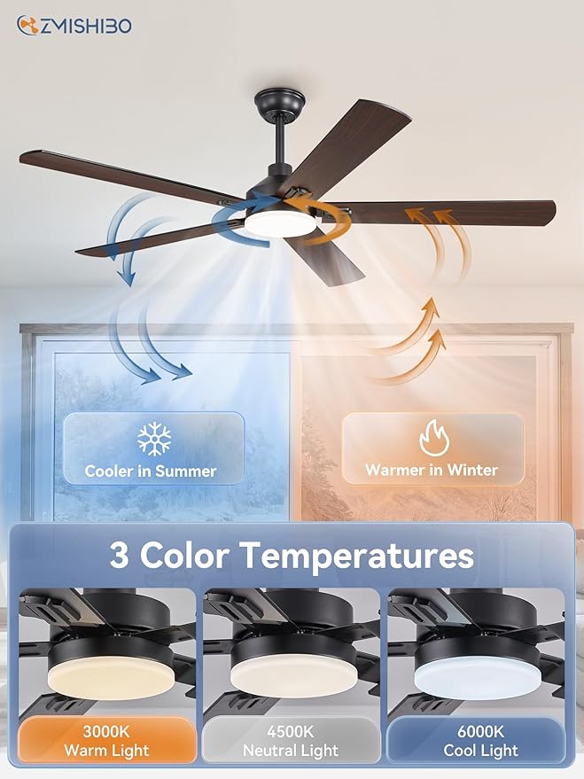 ZMISHIBO 60" Ceiling Fans with Lights, Black Modern Ceiling Fan with Remote, Farmhouse Indoor Ceiling Fan with Dual Finish Blades, Quiet & Strong Motor, Bright LED Light.