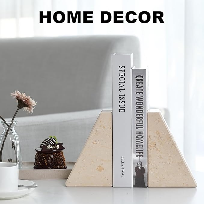 Marble Bookends for Heavy Books, Decorative Book Ends for Shelves, Beige Stone Durable and Heavy-Duty Book Ends for Hardback Books &amp; CDS, Unique Book Stopper &amp; Holder, Set of 2