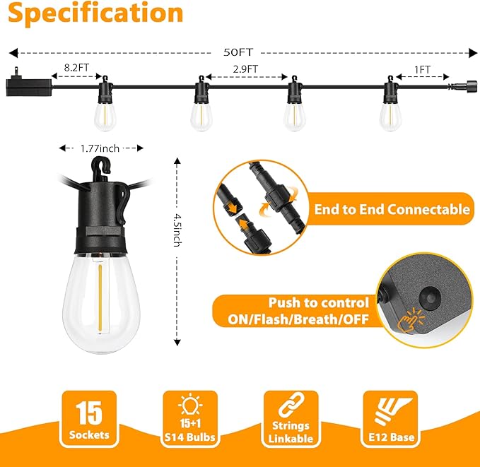 LED Outdoor String Lights, 50FT Waterproof Patio Light with Remote & 16 Dimmable Shatterproof S14 Edison Bulbs(1 Spare), Connectable Outside Backyard Hanging Lights for Balcony, Gazebo, Porch, Party