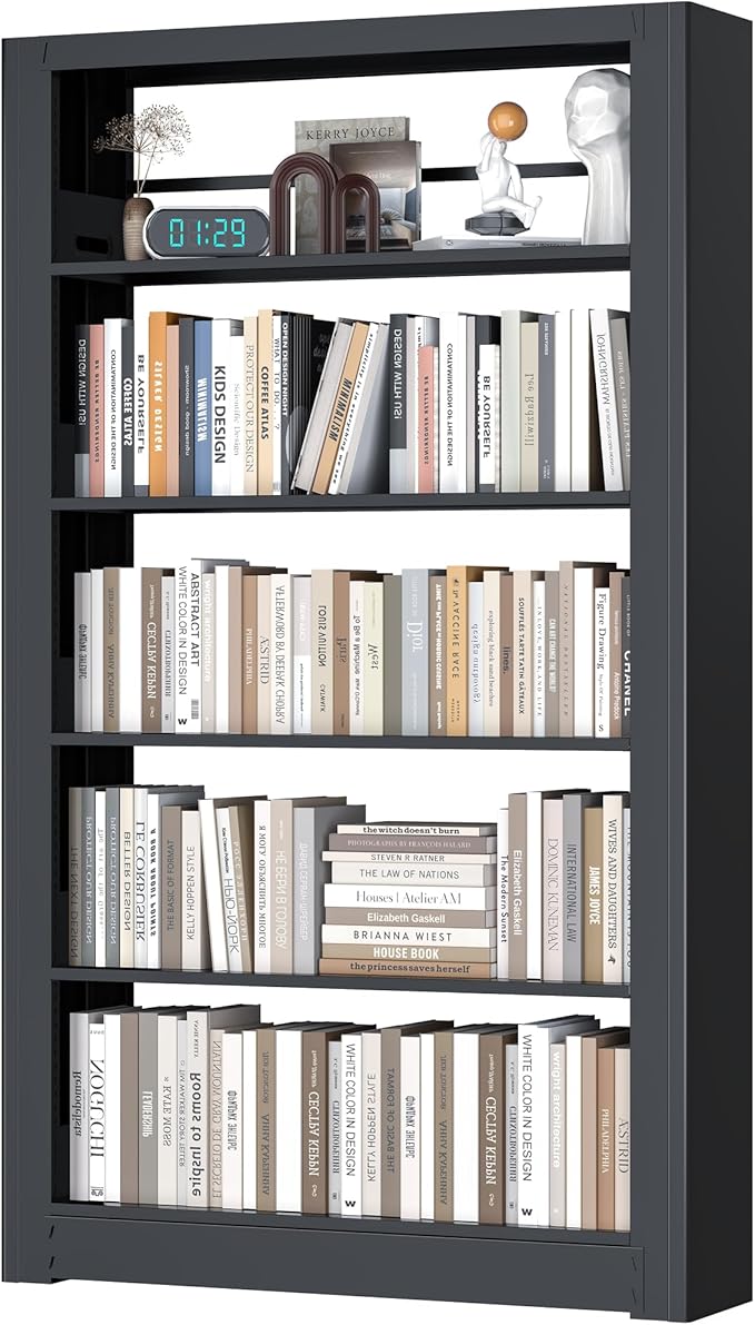 69" Tall Wide-Column Bookshelf,5-Tier Sturdy Bookcase with Adjustable Shelves,Heavy Duty Strong Metal Bookshelf,Black Bookcase with 6 Shelves for Home Office, Living Room, Bedroom, Library (Black)