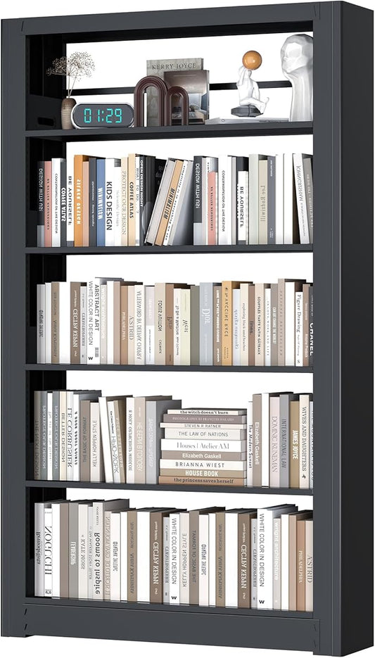 69" Tall Wide-Column Bookshelf,5-Tier Sturdy Bookcase with Adjustable Shelves,Heavy Duty Strong Metal Bookshelf,Black Bookcase with 6 Shelves for Home Office, Living Room, Bedroom, Library (Black)