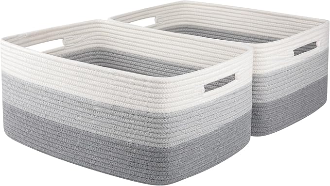 Large Storage Basket for Organizing, Woven Rope Basket for Shelves, Closet Organizer Bins for Clothes, Blanket, Toys, Baby Nursery Storage, 17.7" x 13" x 7.87", 2 Packs Gradient Gray