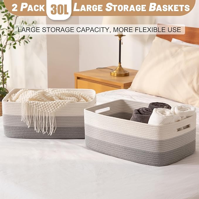 Large Storage Basket for Organizing, Woven Rope Basket for Shelves, Closet Organizer Bins for Clothes, Blanket, Toys, Baby Nursery Storage, 17.7" x 13" x 7.87", 3 Packs Gradient Gray