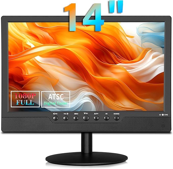 14 inch Flat Screen TV,Small TV with Digital ATSC Tuner,Antenna,Remote and HDMI/USB Ports,12 Volt Charger Cable for Car/Kitchen