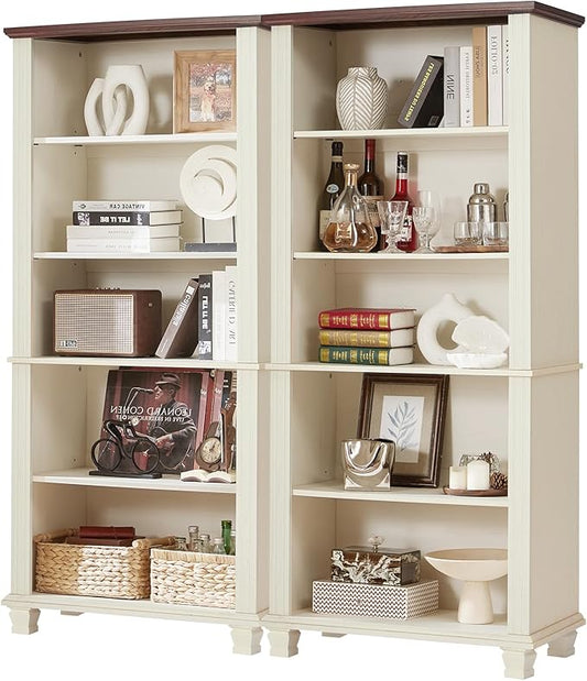 70" Tall White Bookshelf,5 Tier Wood Book Shelf with Adjustable Shelves &amp; Wood Legs,Free Standing Farmhouse Bookcase with Open Display Storage,Vintage Kids Bookshelfs for Nursery,2PCS