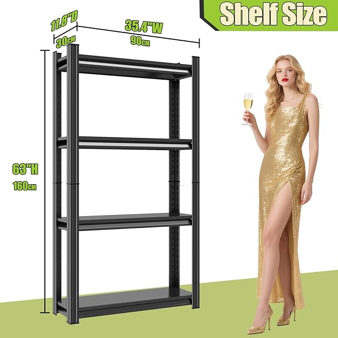 Book Shelf 4-Tier Heavy Duty Adjustable, Tall Metal Bookcase, Black Storage for Library Bedroom (63" H * 35.4" W * 11.8" D)