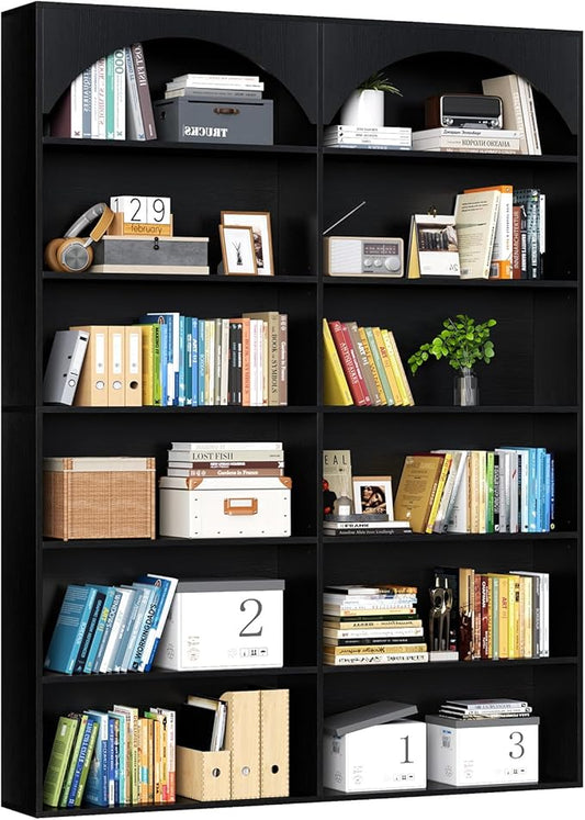 70.8'' Tall Bookshelf and Bookcase, 7-Tier Double Wide Bookcase Modern Large Open Display Shelves with Curved Baffle for Home Office Living Room (Black)
