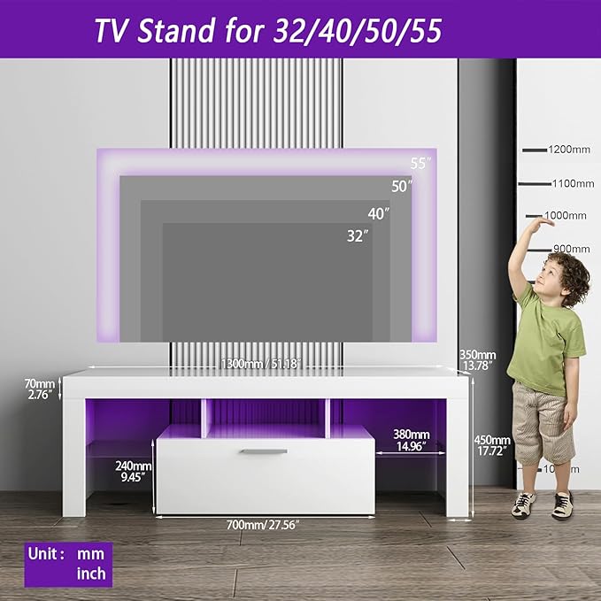 51 Inch White Modern High Gloss LED TV Stand with Storage for 45 50 55 inch TV, Gaming Entertainment Center with Storage Drawer and Glass Shelf, TV Console Table for Living Room,Bedroom