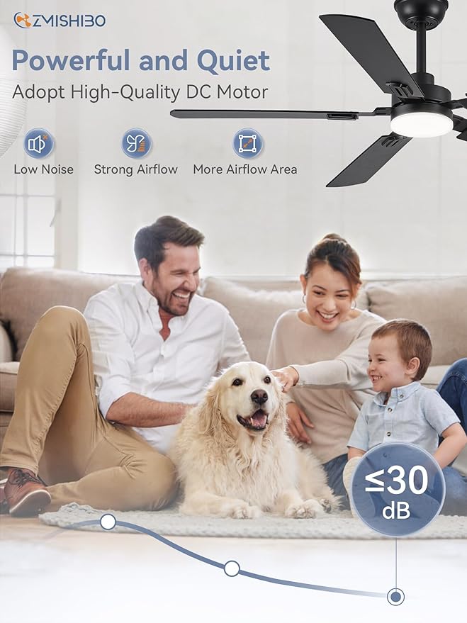 ZMISHIBO 52" Ceiling Fans with Lights, Black Modern Ceiling Fan with Remote, Farmhouse Indoor Ceiling Fan with Dual Finish Blades, Quiet & Strong Motor, Bright LED Light.