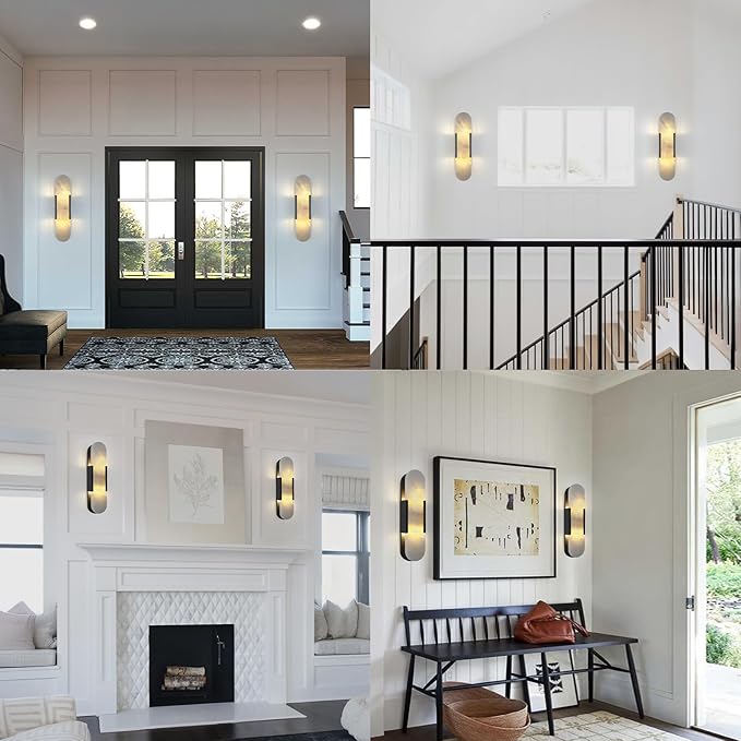 19.7in Matte Black Alabaster Wall Sconces, Natural Marble Wall Sconces Indoor Alabaster Sconces for Living Room Modern Alabaster Sconces Wall Lighting for Dining Room Stairs Bedroom