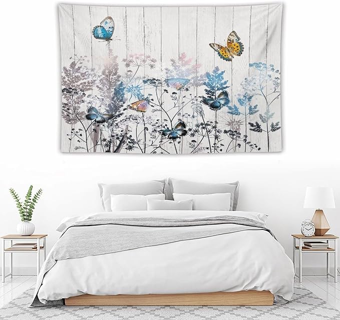 Nature Dandelion Tapestry,Rustic Floral Wood Plank Butterfly Theme Print Tapestries for Living Room Party Beach Picnic Blankets Tablecloths Wall Decor, 60x90 in