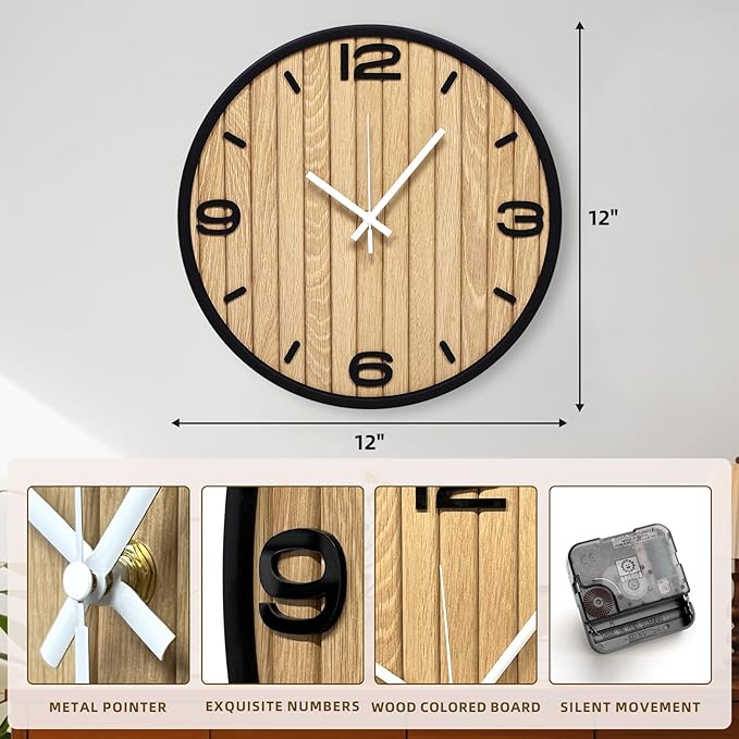12 Inch Wooden Round Wall Clock Battery Operated, Silent Non-Ticking Analog Clocks with Seconds Hand Modern Art Decorative for Office, Home, Living Room, Kitchen, Bedroom, Entryway