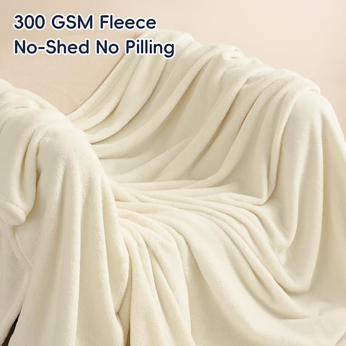 PHF Ultra Soft Fleece Blanket Queen Size, No Shed No Pilling Luxury Plush Cozy 300GSM Lightweight Blanket for Bed, Couch, Chair, Sofa Suitable for All Season, 90" x 90", Cream
