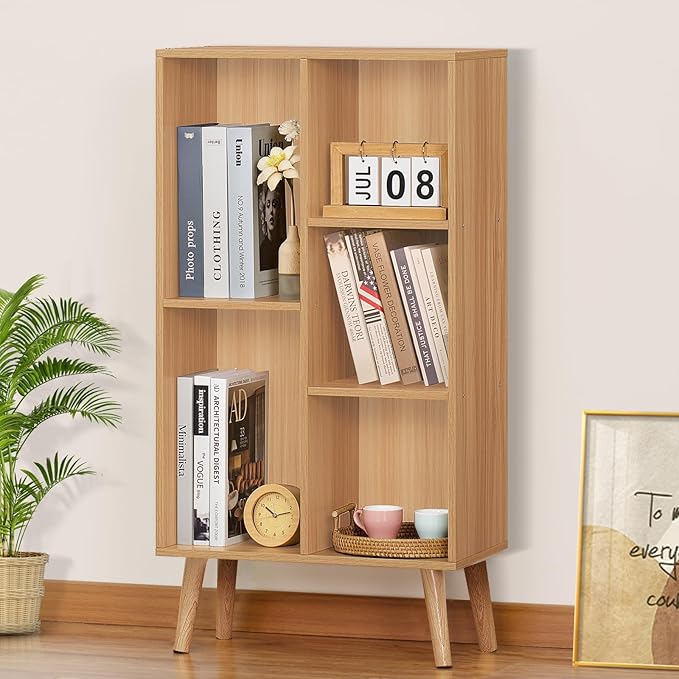 LEYAOYAO Wooden 5 Cube Bookshelf, Natural 3 Tier Book Shelf with Legs, Modern Open Storage Organizer,Boho Bookcase,Display Cabinet Shelf Free Standing Bookshelfs for Bedroom,Living Room,Study