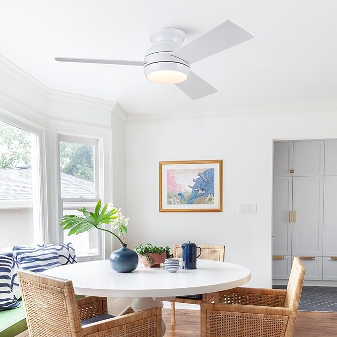 42 Inch Ceiling Fans with Lights and Remote, White Low Profile Ceiling Fan with Light, Flush Mount, Reversible, 6 Speeds, 3CCT Dimmable, Bedroom Indoor/Outdoor Patios Use