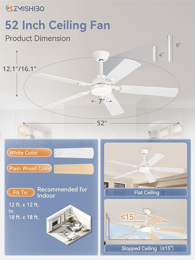 ZMISHIBO 52" Ceiling Fans with Lights, White Modern Ceiling Fan with Remote, bedroom Indoor Ceiling Fan with Dual Finish Blades, Quiet & Strong Motor, Bright LED Light.