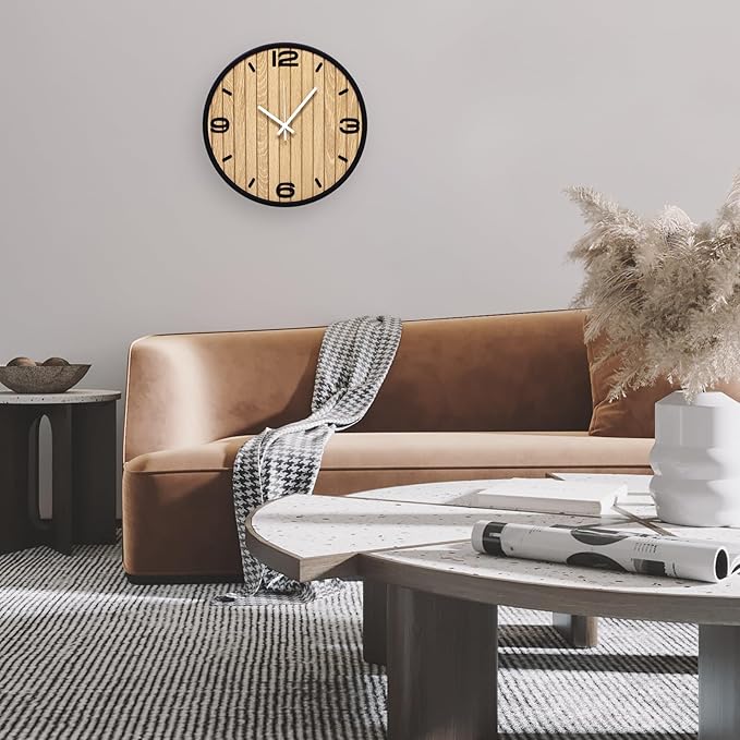 12 Inch Wooden Round Wall Clock Battery Operated, Silent Non-Ticking Analog Clocks with Seconds Hand Modern Art Decorative for Office, Home, Living Room, Kitchen, Bedroom, Entryway
