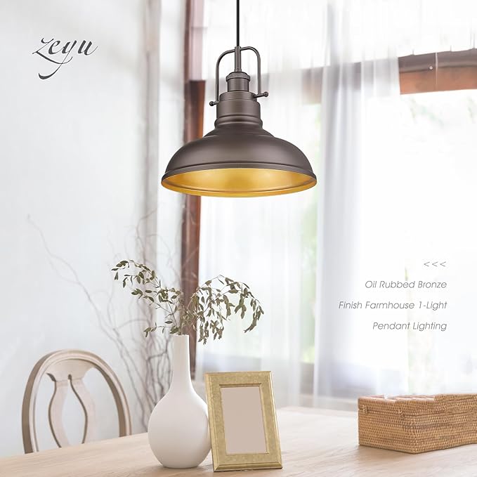 zeyu Farmhouse Pendant Light, 1-Light Industrial Hanging Light Fixture 11-inch, Oil Rubbed Bronze Finish, 016-1 ORB