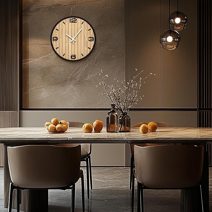 12 Inch Wooden Round Wall Clock Battery Operated, Silent Non-Ticking Analog Clocks with Seconds Hand Modern Art Decorative for Office, Home, Living Room, Kitchen, Bedroom, Entryway