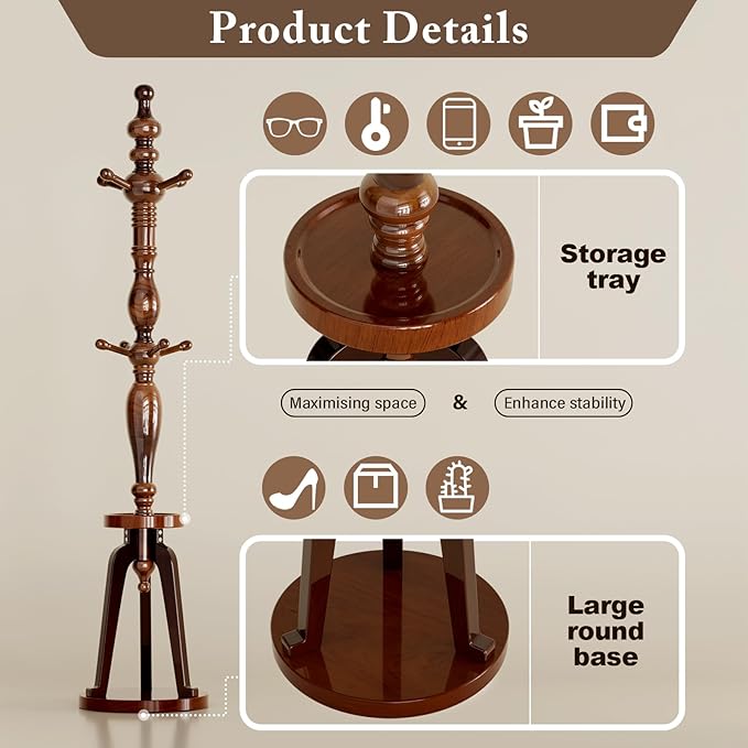 Coat Rack with 8 Hooks, Hall Tree Freestanding with Tray, Wood Coat Tree Heavy Duty with Round Base, Standing Coat Rack, Load Capacity 220 lb, Coat Hanger Stand for Entryway Hallway Office (020-HTS)
