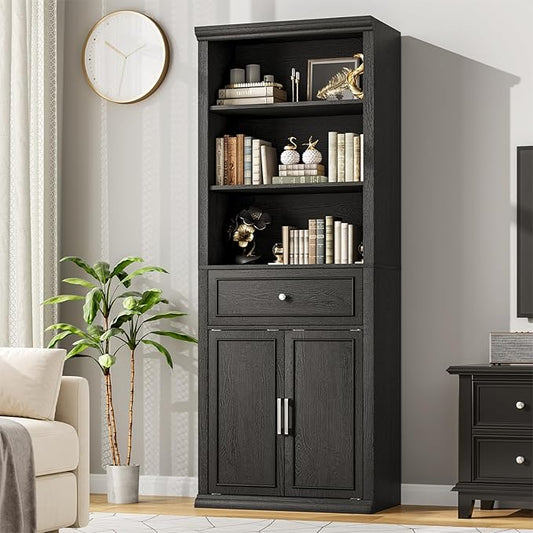 Rresyet Bookcase, 6 Tier Black Bookshelf 28" W Tall Minimalist Bookshelfs with Storage Cabinet Suitable for Offices, Libraries, Living Rooms