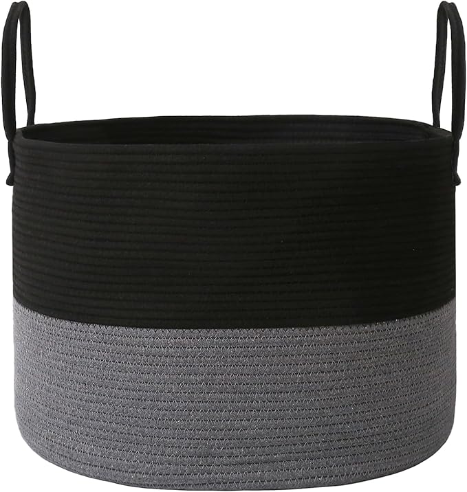Woven Blanket Basket,65L Large Rope Storage Bin with Handles, Organizer for Blankets Toys Book and Clothes, Laundry Basket for Living Room Bedroom Nursery,Black&amp;Grey
