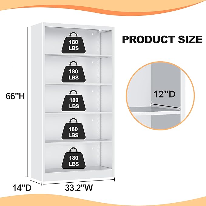 66" Tall Metal Bookcase, 5 Shelf White Bookcase with Adjustable Shelves, Large Bookshelfs and Bookcases, Modern Book Shelf Storage Organizer for Living Room, Home Office, Library
