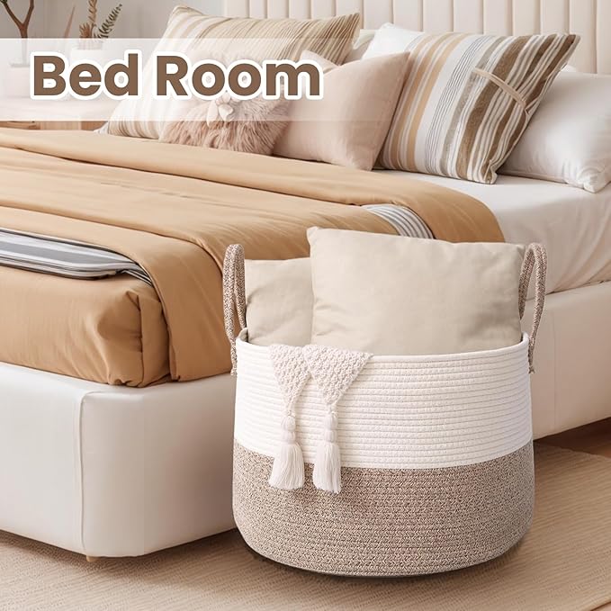 Woven Blanket Basket,115L Large Rope Storage Bin with Handles, Organizer for Blankets Toys Book and Clothes, Laundry Basket for Living Room Bedroom Nursery,White&amp;Brown