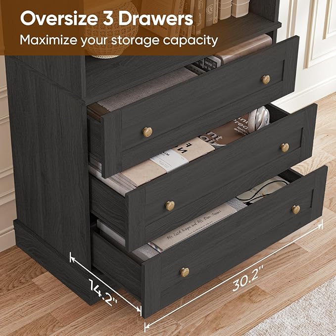 Vyre 71" Tall Farmhouse Kitchen Pantry, Large Storage Cabinet with Adjustable Shelves, 3 Drawer, Wood Versatile Hutch Cabinet for Living Room, Dining Room, Black