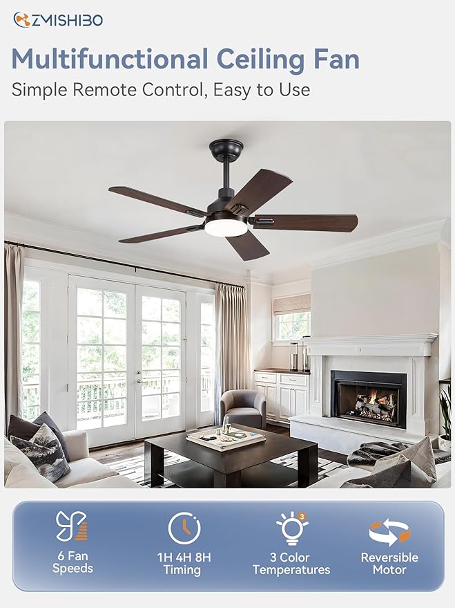 ZMISHIBO 44" Ceiling Fans with Lights, Black Modern Ceiling Fan with Remote, Farmhouse Indoor Ceiling Fan with Dual Finish Blades, Quiet & Strong Motor, Bright LED Light.