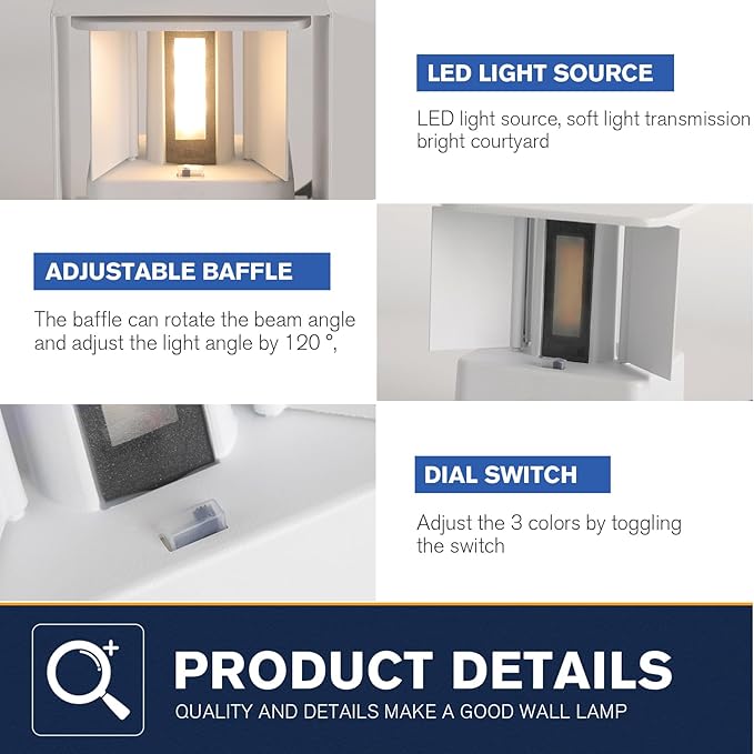 LED 20W Outdoor Wall Lights Exterior/Interior 3 Colors Adjustable Wall Sconce Up and Down Light Porch Lights IP65 Waterproof Exterior Wall Sconce Modern Outdoor Lighting Square Aluminum White