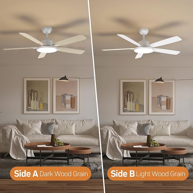 TALOYA 52 Inch White Ceiling Fans with Lights Led Remote Control Flush Mount Low Profile for Bedroom Living Dining Room Outdoor Farmhouse Patio,Reversible,DC Motor,Diammable,Buzzer ON/Off,5 Blades