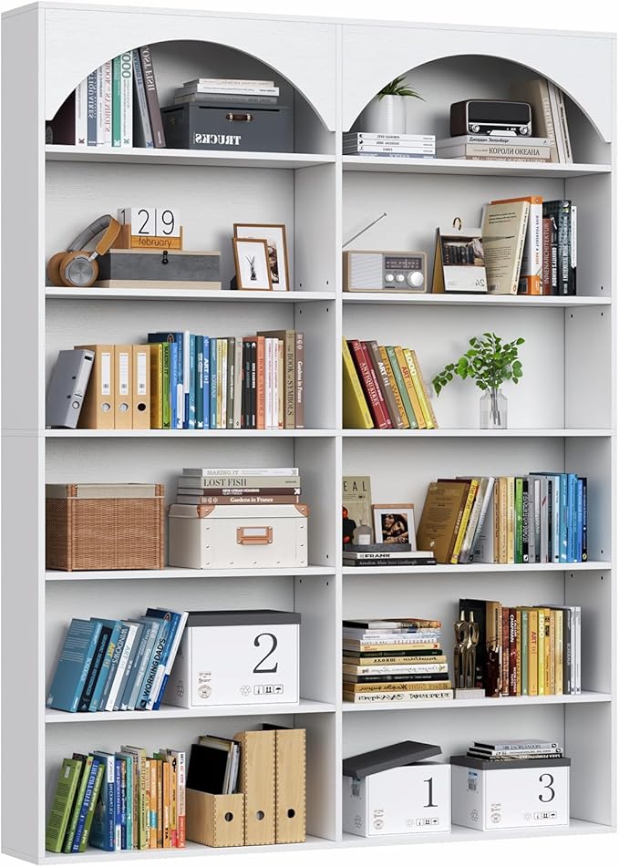70.8'' Tall Bookshelf and Bookcase, 7-Tier Double Wide Bookcase Modern Large Open Display Shelves with Curved Baffle for Home Office Living Room (White)