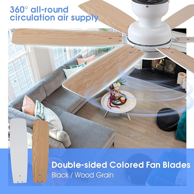 52" Ceiling Fans with Lights, Low Profile Ceiling Fan with Light and Remote/APP Control, Flush Mount Ceiling Fan with 6 Reversible Fan Blades, 3CCT, Dimmable, Quiet Motor for Kidsroom White