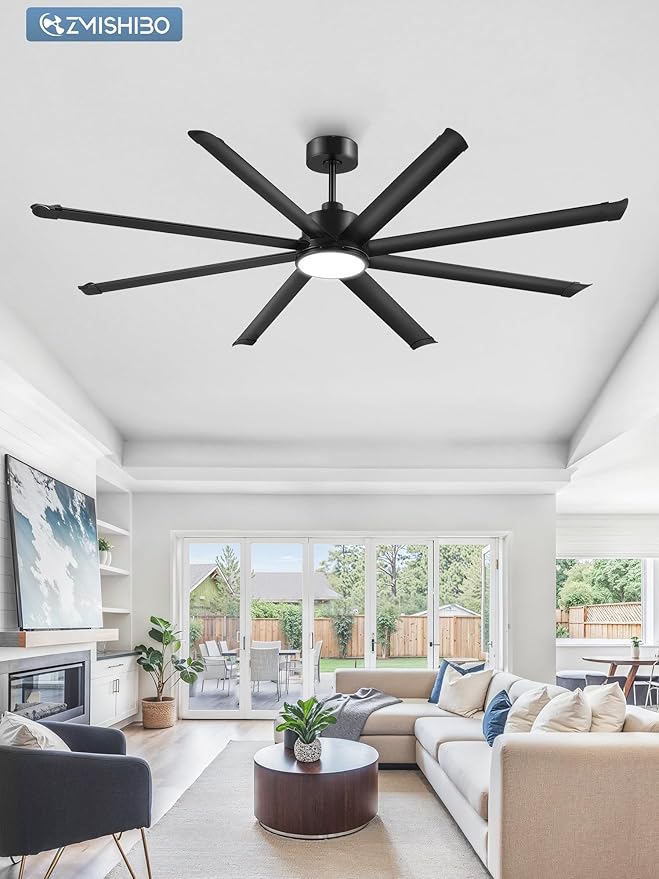 ZMISHIBO 84 Inch Ceiling Fans with Lights, Indoor/Outdoor Industrial Ceiling Fan with 8 Aluminum Reversible Blade, Quiet DC Motor, 3CCT&6-Speed Remote Control, Damp Rated for Living Room/Garage/Gazebo