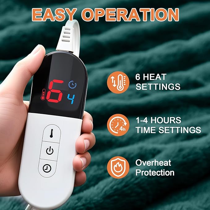 Heated Blanket Electric Throw Blanket 50''X 60''-Heating Blanket with 6 Heat Settings-4/10 Hours Auto Off,Cozy Faux Rabbit Fur Bubble Electric Blanket,Dark Green