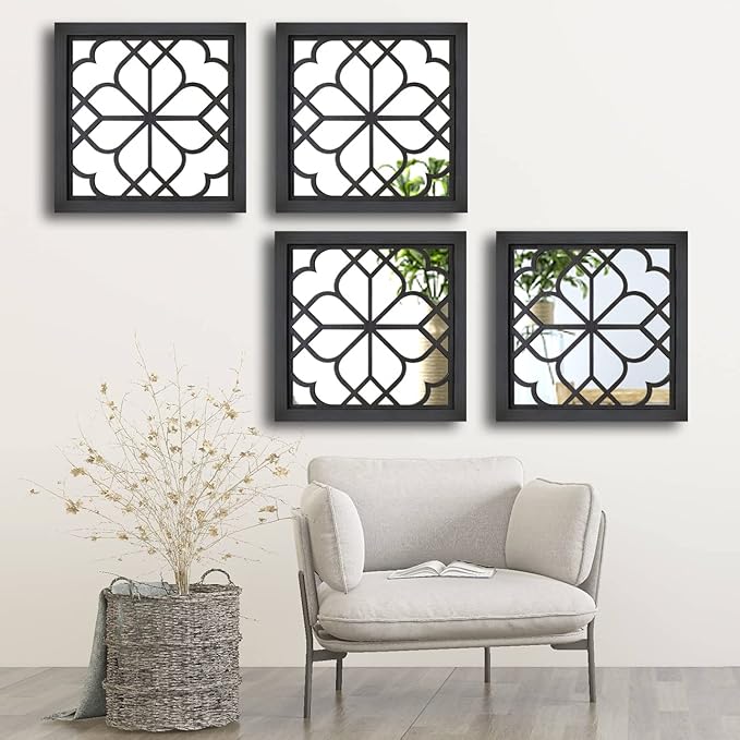 Wocred Set of 4 Mirrors Square Wall Mirror,Gorgeous Rustic Farmhouse Accent Mirror,Black Entry Mirror for Bathroom Renovation,Bedrooms,Living Rooms and More(12”x12”4pcs)