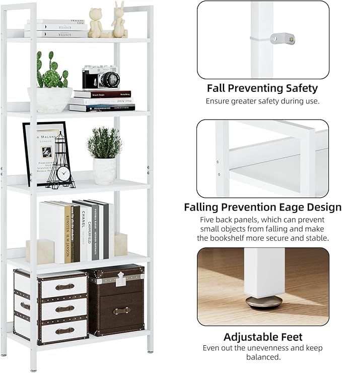 NUMENN Bookshelf, 5 Tier Bookshelfs, Home Office Bookcase Shelf Storage Organizer, Free Standing Storage Shelving Unit for Bedroom, Living Room and Home Office, White